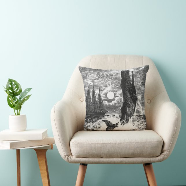 Sperm Whale Breaching, Vintage Marine Life Animals Cushion (Chair)