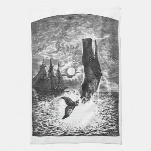 Sperm Whale Breaching, Vintage Marine Life Animals Tea Towel