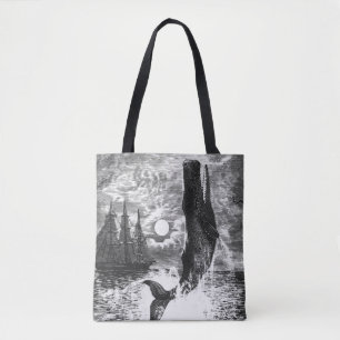 Sperm Whale Breaching, Vintage Marine Life Animals Tote Bag