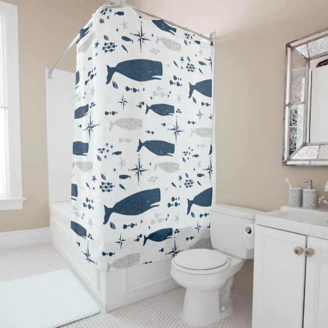 SPERM WHALE WHITE BLUE WITH TEXTURE SHOWER CURTAIN (In Situ)