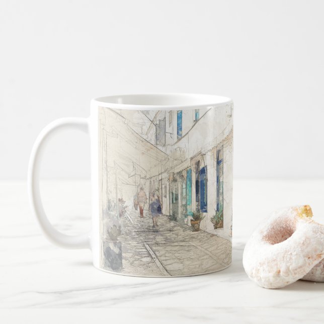 Spetses traditionally Greek streets, Greece Coffee Mug (With Donut)