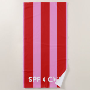 'SPF & Chill' Fun Summer Red And Pink Striped  Beach Towel
