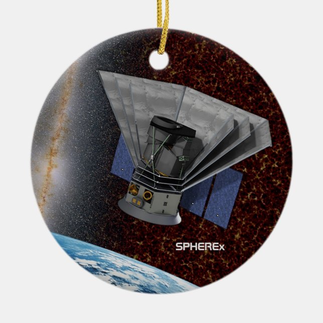 SPHEREx Galaxy Hunter Spacecraft Ceramic Tree Decoration (Front)