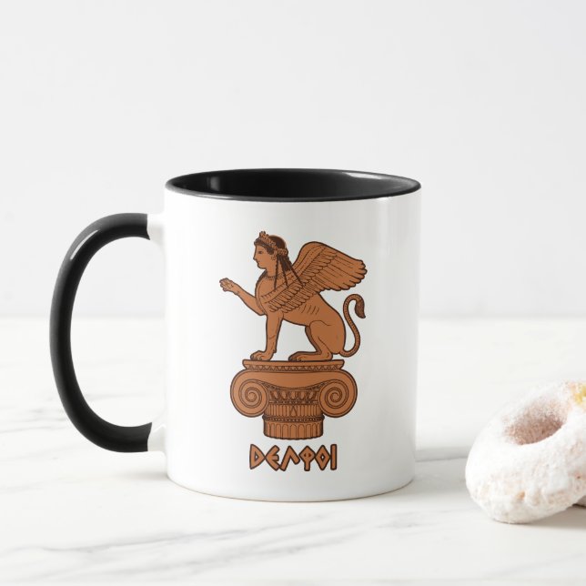 Sphinx at Delphi - Ancient Greek Red Figure Mug (With Donut)