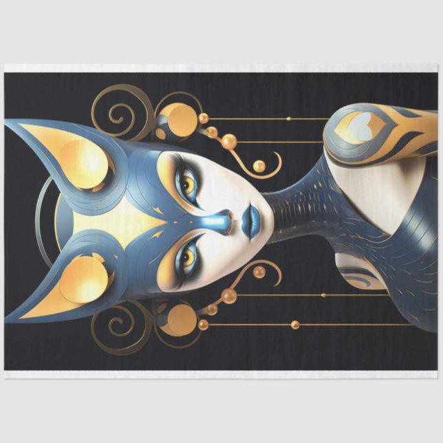 Sphinx Cat Black Gold Blue Art Deco Decoupage Tissue Paper (Front)