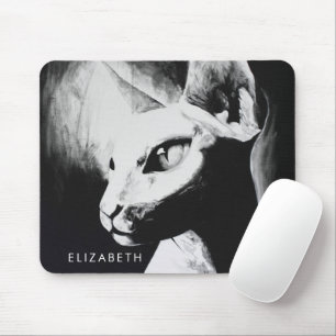 Sphinx Cat Hairless Black White Animal Portrait Mouse Pad