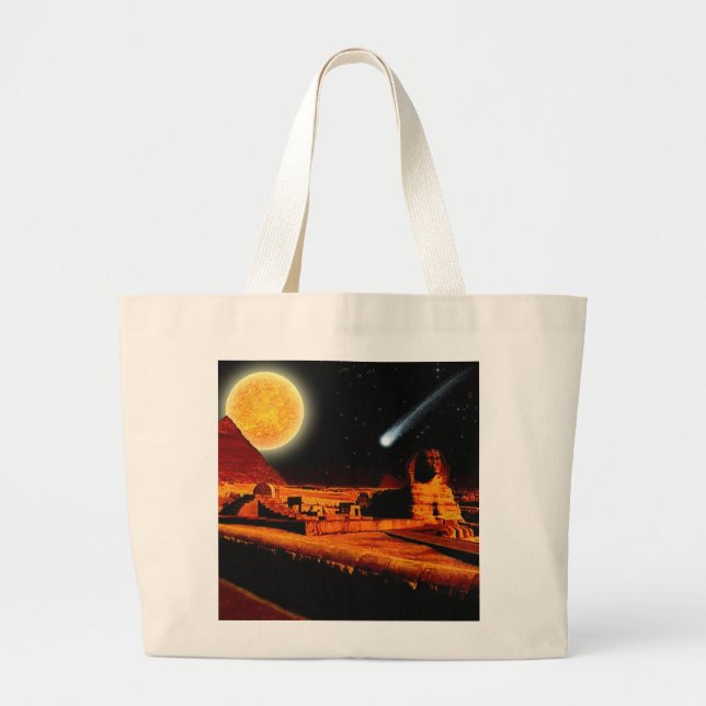 Sphinx & Moon over Egyptian Giza Pyramids Art Gift Large Tote Bag (Front)