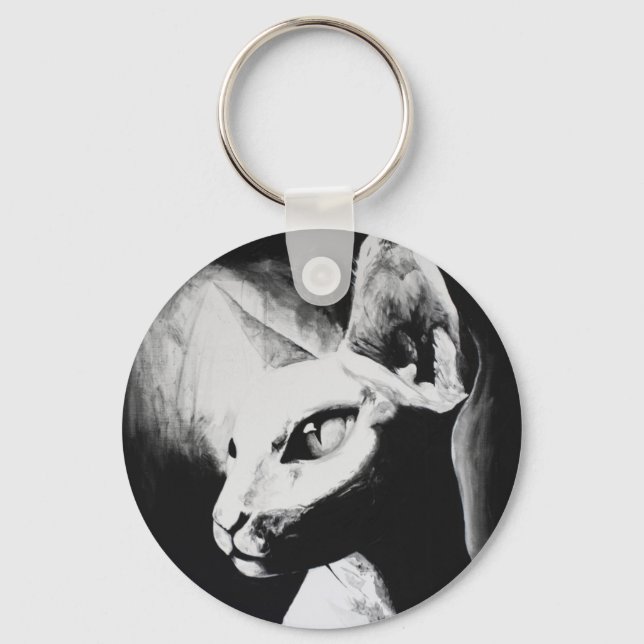 Sphynx Cat Black White Contrast Kitty Portrait Art Key Ring (Front)