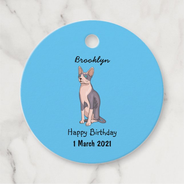 Sphynx cat cartoon illustration favour tags (Front)