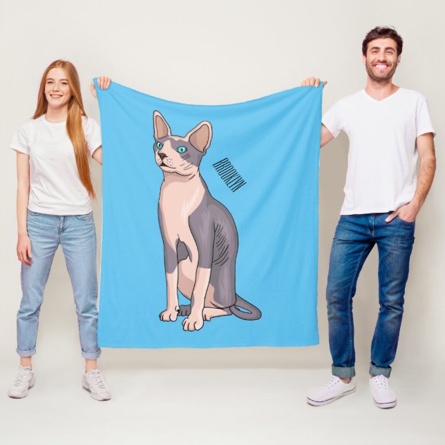 Sphynx cat cartoon illustration fleece blanket (In Situ)