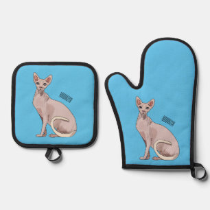 Sphynx cat cartoon illustration oven mitt & pot holder set