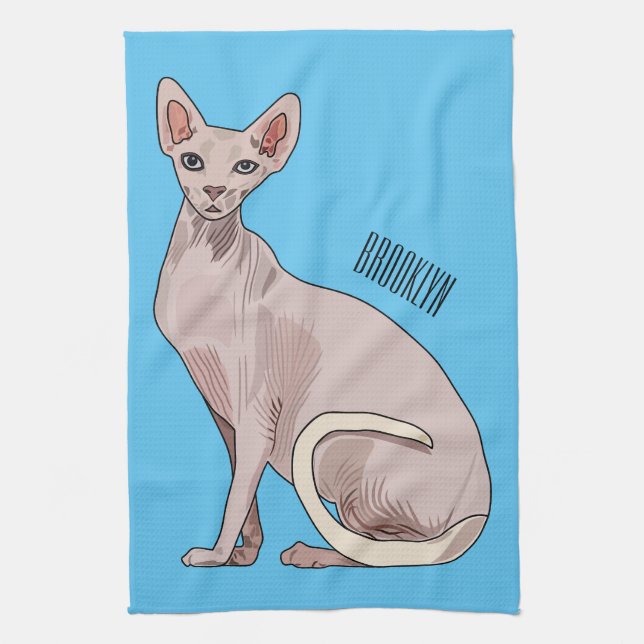 Sphynx cat cartoon illustration  tea towel (Vertical)