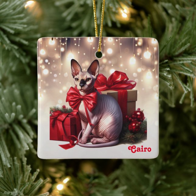 Sphynx Cat Christmas Ceramic Ornament (Tree)