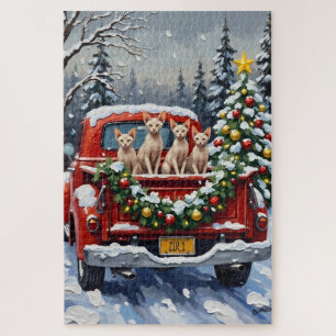 Sphynx Cat Christmas Red Truck Holiday Jigsaw Puzzle