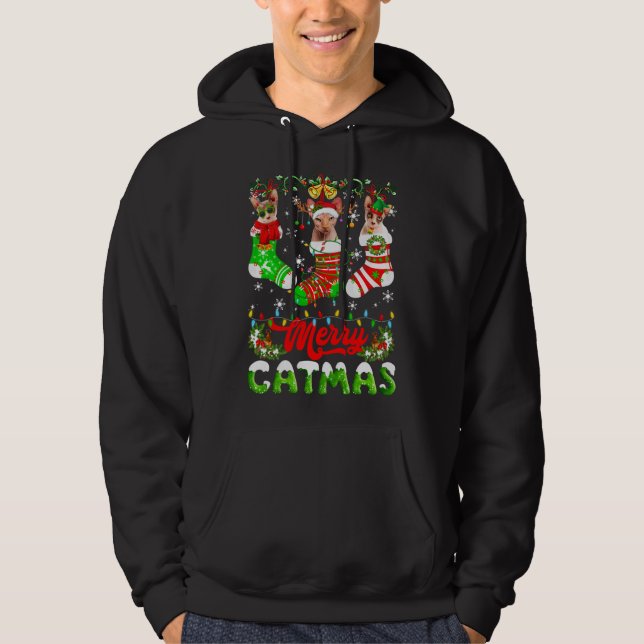 Sphynx Cat Christmas Santa Hat Scarf Holiday Cute Hoodie (Front)
