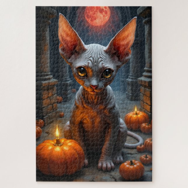 Sphynx Cat Dark Gothic Halloween Portrait Art Jigsaw Puzzle (Vertical)