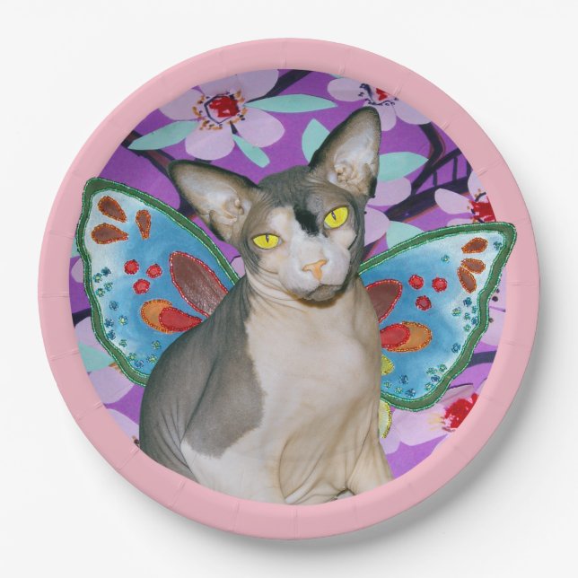 Sphynx Cat Fairy Angel Floral Art Craft Party Paper Plate (Front)