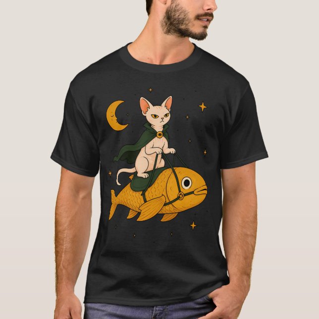 Sphynx Cat Fish Rider T-Shirt (Front)