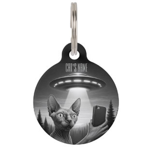 Sphynx Cat Funny Selfie ufo cats lost Pet Tag
