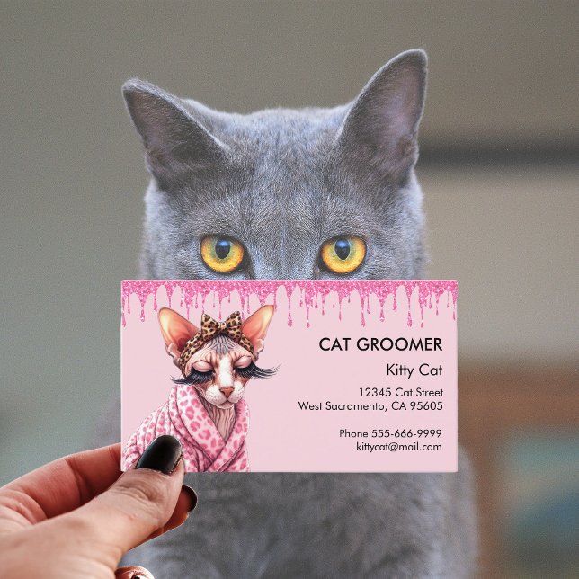 Sphynx Cat Groomer Sitter Pink Glitter Dripping Business Card (Creator Uploaded)