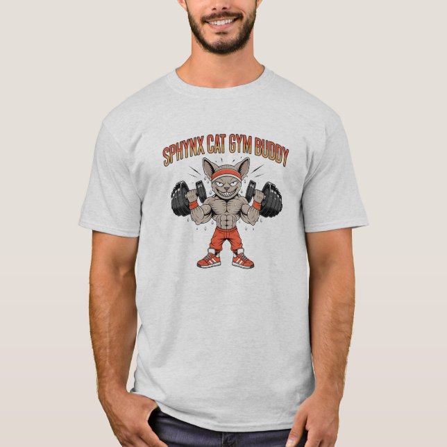 Sphynx Cat Gym Buddy Cartoon Fitness Art T-Shirt (Front)