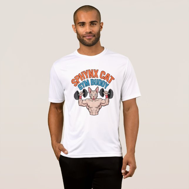 Sphynx Cat Gym Buddy Muscular Cartoon Art T-Shirt (Front Full)