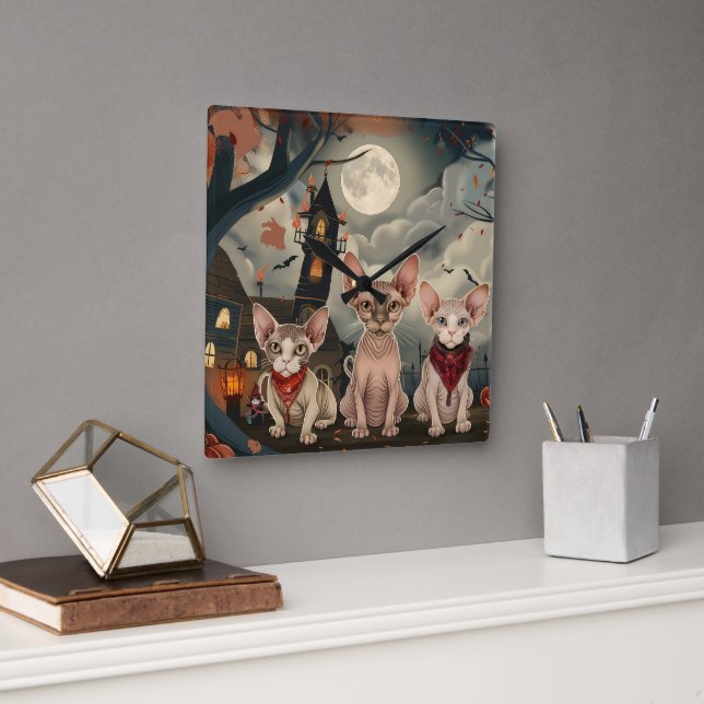 Sphynx Cat Halloween Spooky Square Wall Clock (Office)