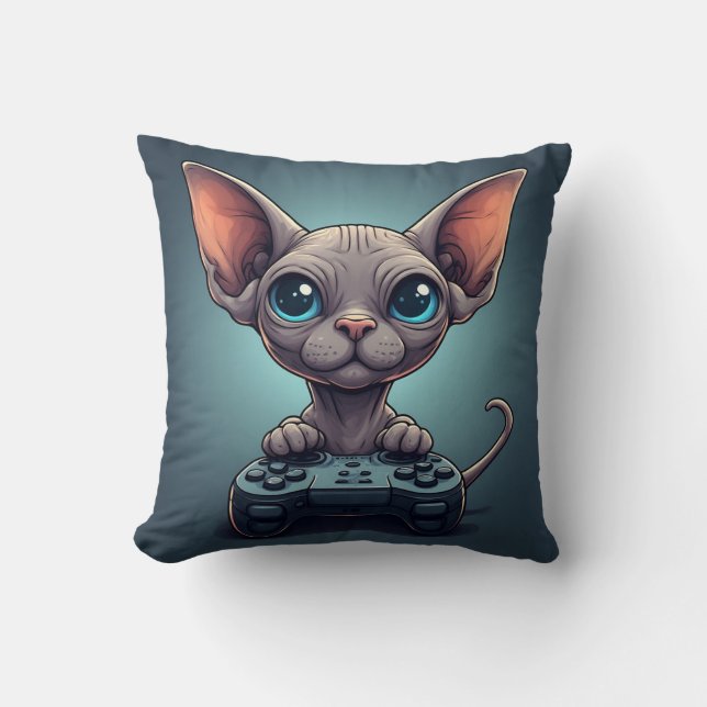 Sphynx Cat Holding Game Controller Cushion (Front)