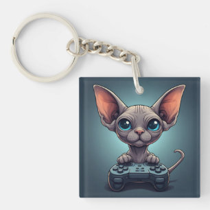 Sphynx Cat Holding Game Controller Key Ring