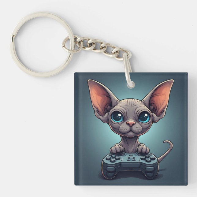Sphynx Cat Holding Game Controller Key Ring (Front)