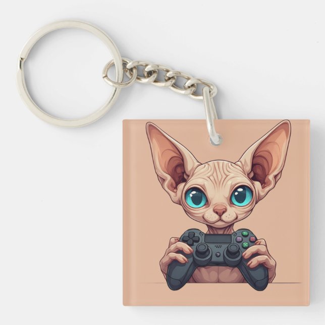 Sphynx Cat Holding Game Controller Key Ring (Front)