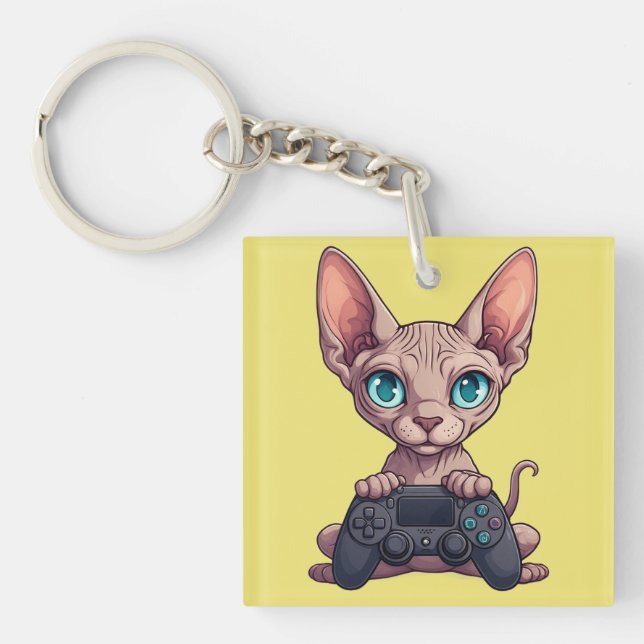Sphynx Cat Holding Game Controller Key Ring (Front)