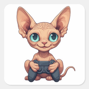 Sphynx Cat Holding Game Controller Square Sticker