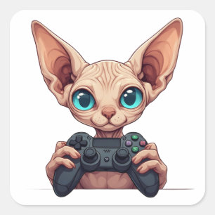 Sphynx Cat Holding Game Controller Square Sticker