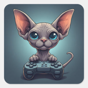 Sphynx Cat Holding Game Controller Square Sticker