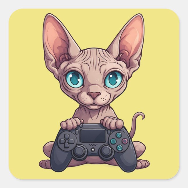 Sphynx Cat Holding Game Controller Square Sticker (Front)