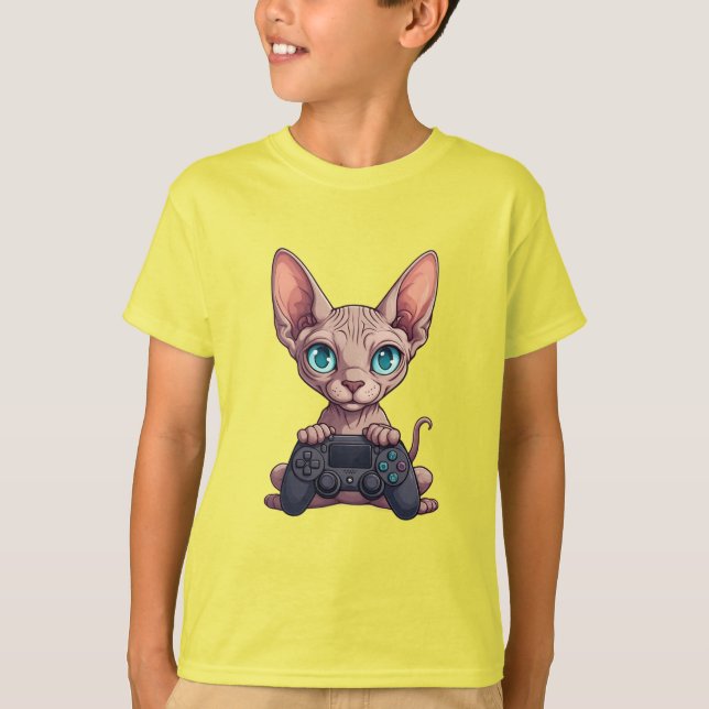 Sphynx Cat Holding Game Controller T-Shirt (Front)