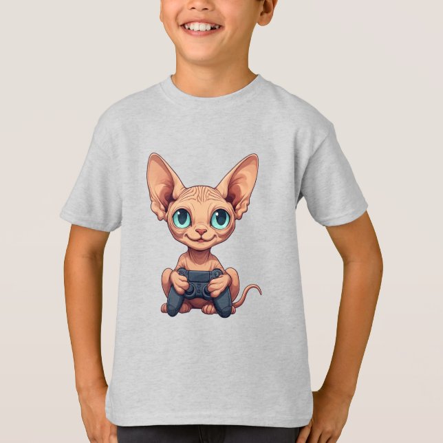 Sphynx Cat Holding Game Controller T-Shirt (Front)