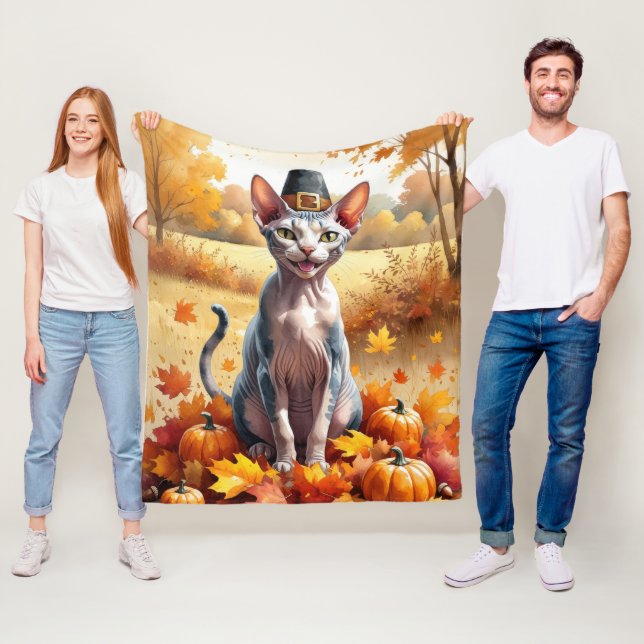 Sphynx Cat  In Autumn Leaves Thanksgiving Art Fleece Blanket (In Situ)