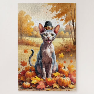Sphynx Cat In Autumn Leaves Thanksgiving Art Jigsaw Puzzle