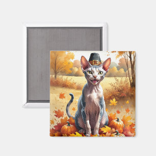 Sphynx Cat In Autumn Leaves Thanksgiving Art Magnet