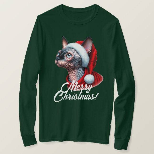 Sphynx Cat in Santa Hat Christmas T-Shirt (Design Front)