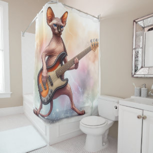 Sphynx Cat Playing Bass Guitar Shower Curtain