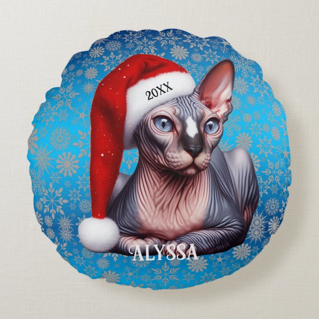 Sphynx Cat Pretty Blue Christmas Round Cushion (Front)