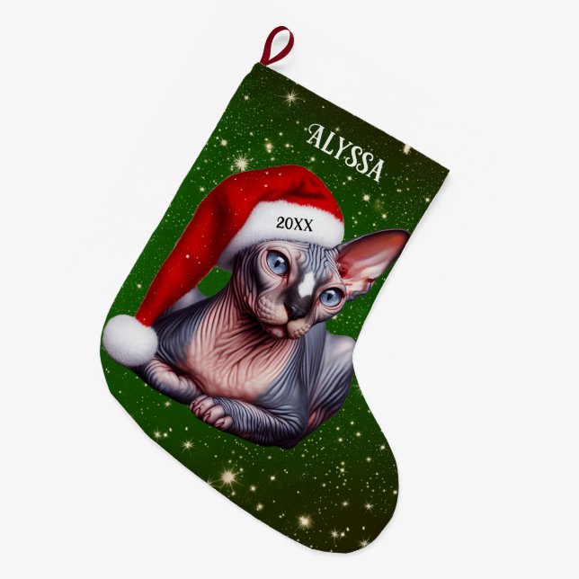 Sphynx Cat Pretty Green Christmas Large Christmas Stocking (Front (Hanging))