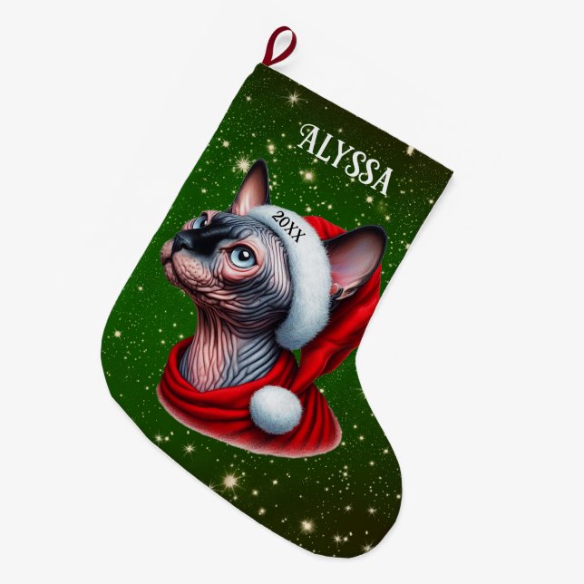 Sphynx Cat Pretty Green Christmas Large Christmas Stocking (Front (Hanging))