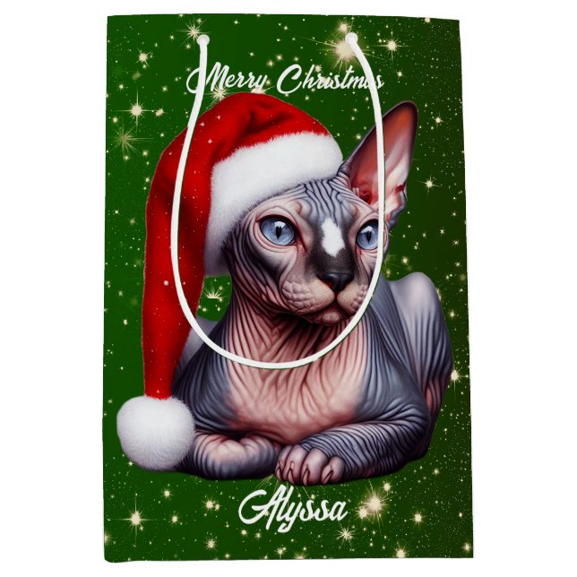 Sphynx Cat Pretty Green Christmas Medium Gift Bag (Front)