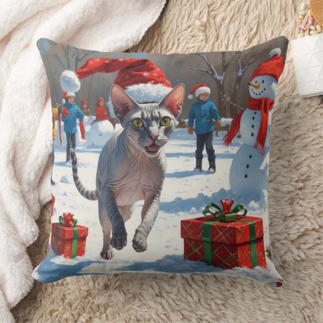 Sphynx Cat Running in Snow with Christmas Hat Cushion (Blanket)