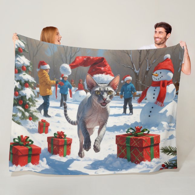 Sphynx Cat Running in Snow with Christmas Hat Fleece Blanket (In Situ)