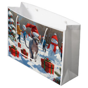 Sphynx Cat Running in Snow with Christmas Hat Large Gift Bag